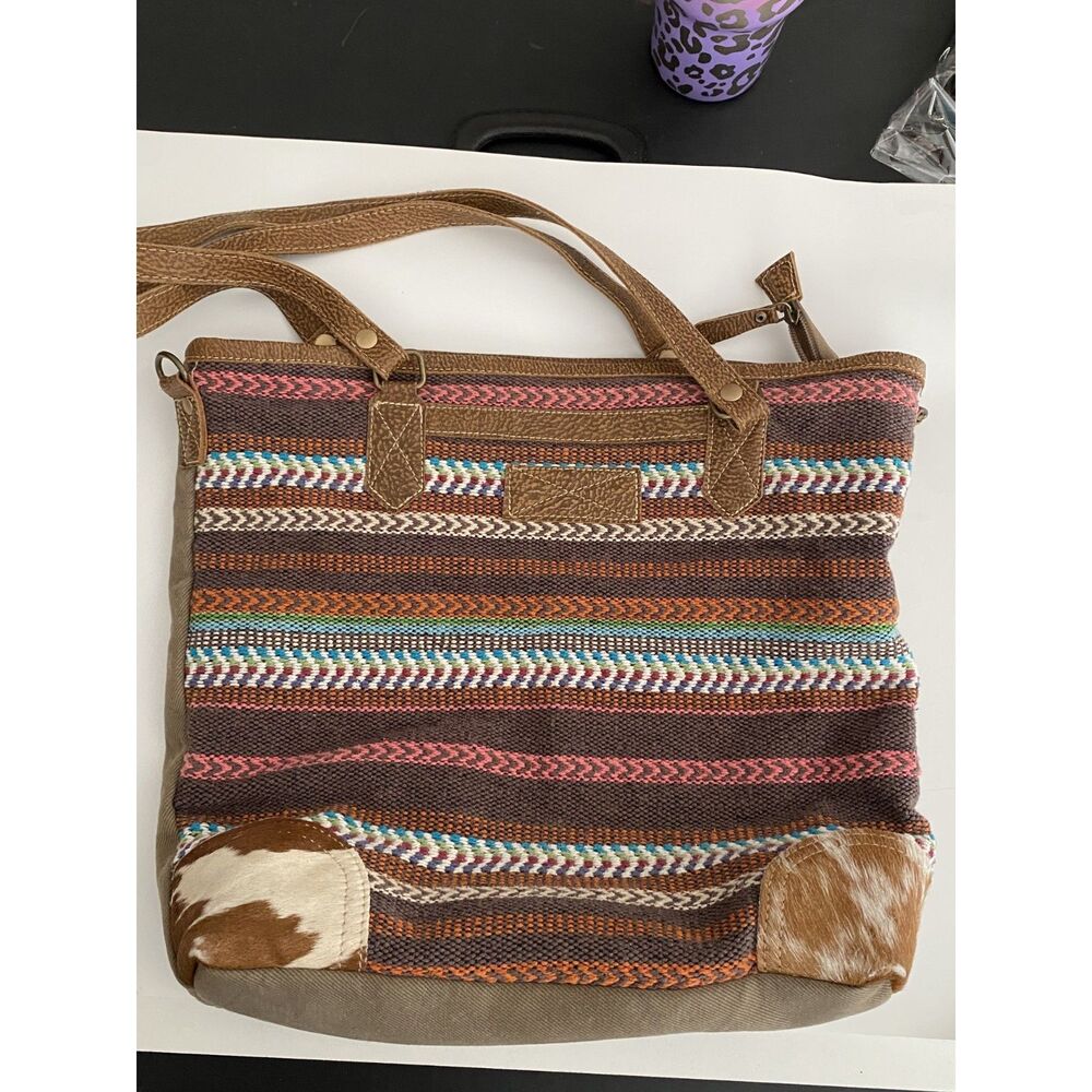 Myra Bag Multicolored Braided Brown Leather Tote EUC